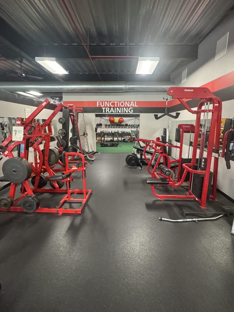 Red plate-loaded machines with the functional training turf beyond